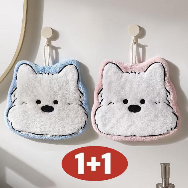 귀여운 캐릭터 1+1 특가상품 도톰한 걸이식 욕실 주방 흡수 손수건, 2개, 핑크+블루