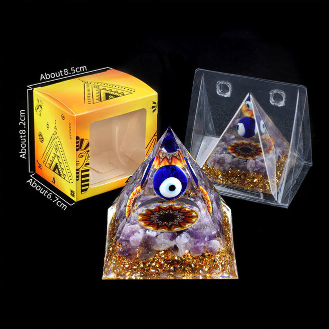 樹脂膠包裹水晶碎石金字塔擺件 家居小擺件 盒裝, 藍眼睛+紫水晶