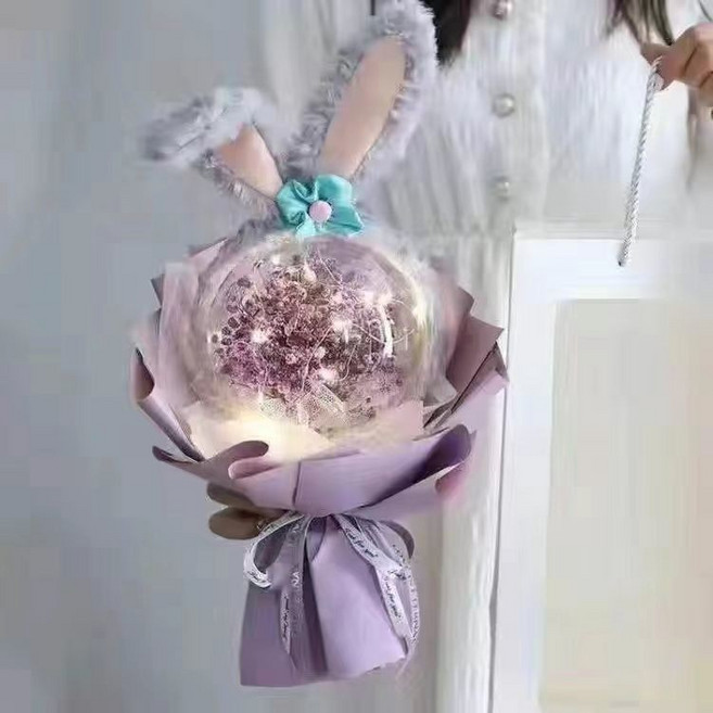 波波球永生花束 發光滿天星公仔花束, 紫色滿天星+發箍+手袋+燈串, 1個