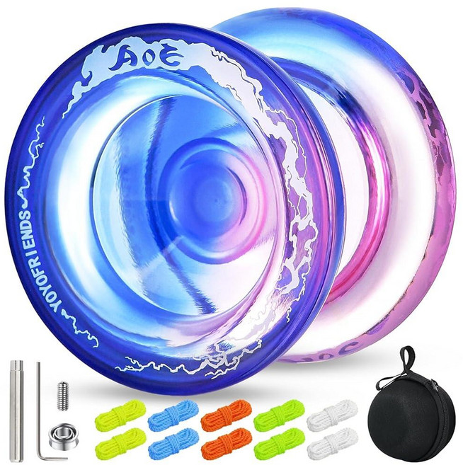 8-12세 이상 아동용 반응성 요요 핑거 스핀 트릭을 위한 전문 요요 AOE 성인용 무반응 베어링이 있는 이중 목적 스트링 10개 + 액세서리 세트 포함 106408, AOE Pink-Blue