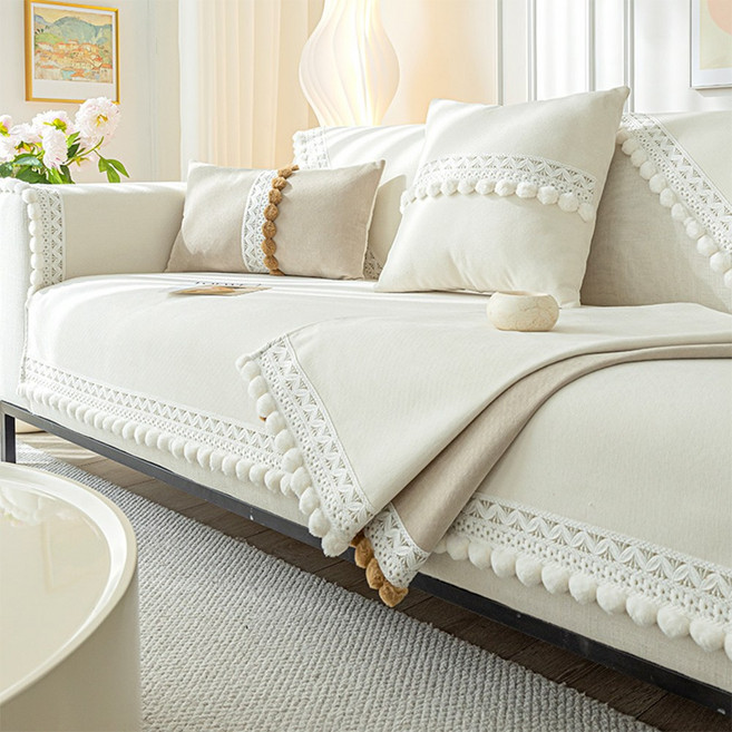 Bofung 사계절 순색 소파패드 쇼파매트 2-4인용 미끄럼 방지 북유럽 셰니어 자수 방울 트리밍