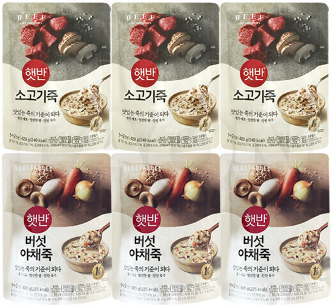 CJ 햇반 비비고 파우치죽 듬뿍소고기죽 3 + 듬뿍버섯야채죽 3 (총), 6개, 420g