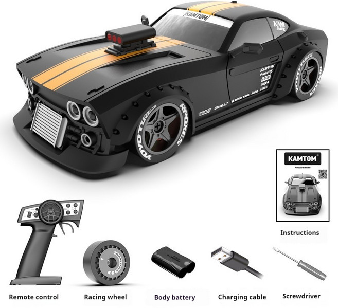 KAMTOM 1/32 자이로 스코프 4WD RTR 자동차 모델이있는 풀 스케일 RC 표류 생일 선물을위한 고속 실내 레이, 01 Standard-Black