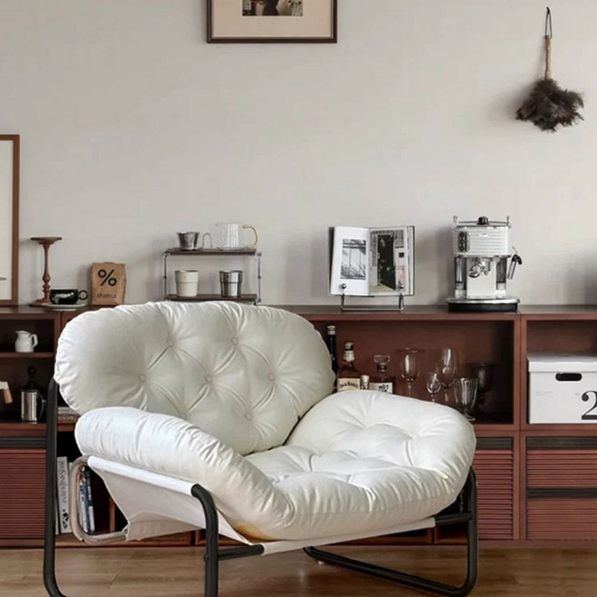 Mollin 가죽 1인용 소파 가죽 거실 다운 가죽 패브릭, B. 크림 화이트 심플 스타일