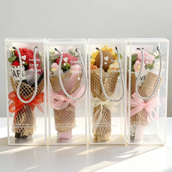 니트꽃 꽃다발 뜨개꽃 리본 포장 졸업 축하 선물 세트, 1개, 핑크 카네이션