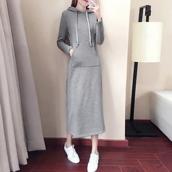 꽃소담 여성 가을겨울 슬림핏 기모 후드 롱 원피스 L892