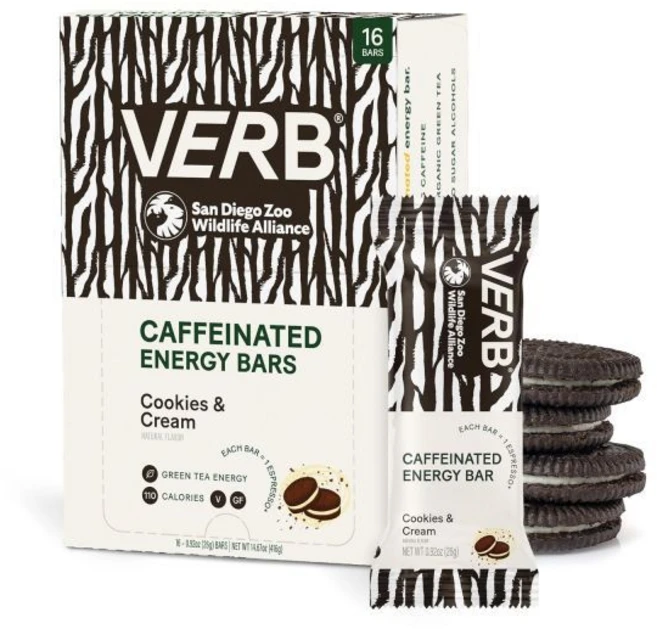 Verb Caffeinated Energy Bar 쿠키 과자 버브 에너지 카페인 함유 바 앤 크림 90칼로리 스낵 영양 비건 녹차 포함 글루텐 프리 아침 식사 16개입 26g, 쿠키와 크림, 16개 (1팩), 1개 - 쿠팡