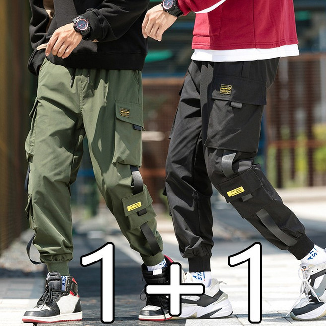 BIKASU 1+1 남성 캐주얼 카고 바지 빅사이즈 와이드 밴딩 조거 팬츠 세트