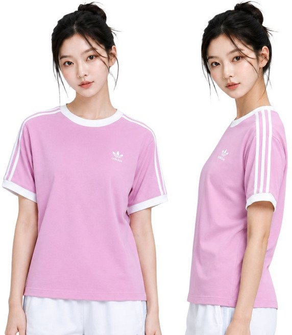 아디다스 삼선 반팔티 여성 핑크 오리지널 로고 면 티셔츠 여자 반팔 깔끔한 데일리 여름티