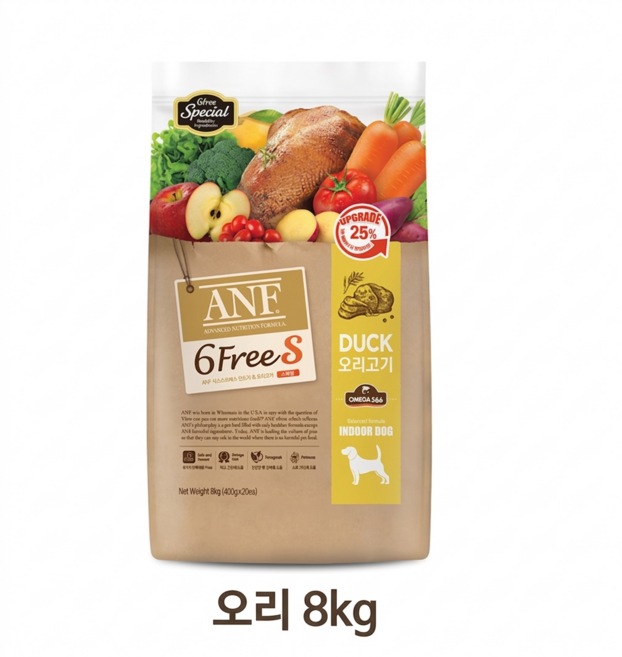ANF 강아지 유기농 식스프리 옐로우 사료, 오리, 8kg, 1개