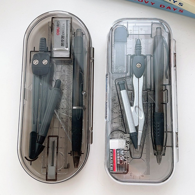 각도기 컴퍼스 세트 제도용 콤파스 삼각자 수학교구 8종 + 필통, 01 원형, 1세트