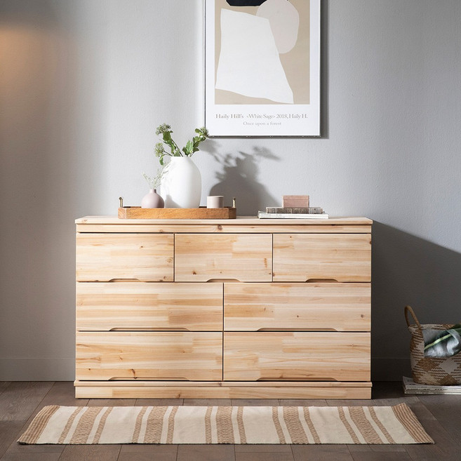 장인가구 네프 삼나무원목 7서랍 와이드서랍장, 내츄럴