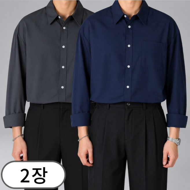 [1+1] 남자 링클프리 스판 오버핏 긴팔 셔츠 M-5XL (6711-2)