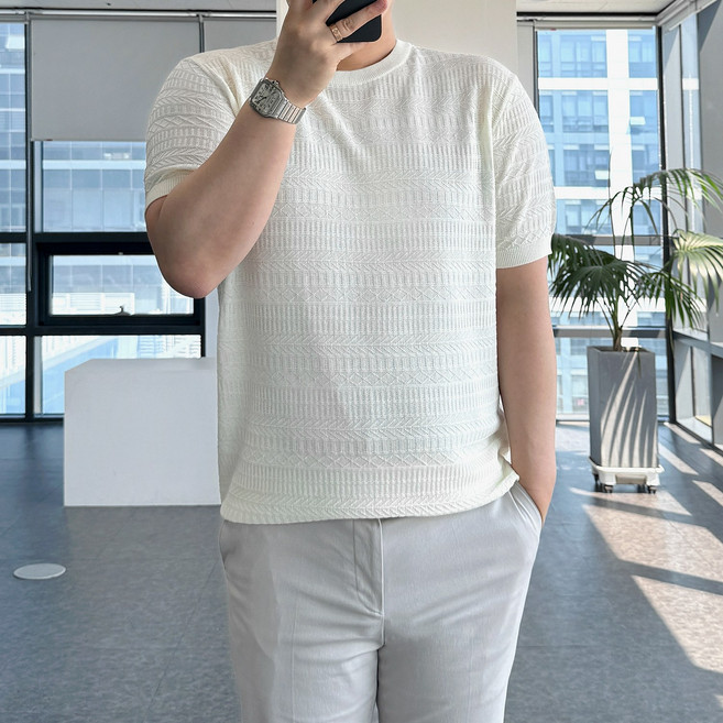 룩플레인 시원한 텐셀 원단 입체 케이블 여름 반팔 니트 4color