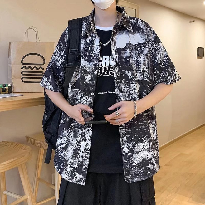 情侶襯衫花襯衫 夏威夷風海灘沙灘薄款碎花短袖開衫 韓版日系慵懶港風男女襯衣