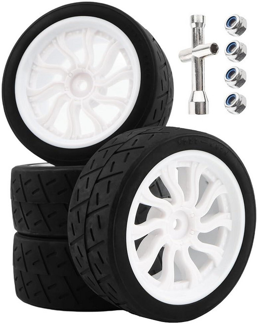 GDOOL 4팩 1:10 스케일 RC 온 로드 타이어 OD2.55 교체용 고무 휠 림 12mm 헥스 Traxxas 4 Tec 2.0 Tamiya TT01 XV01 Kyosho