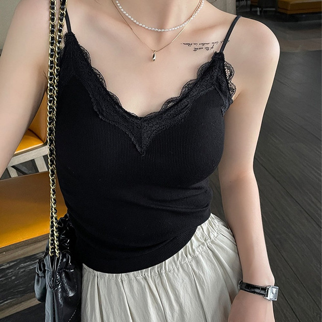 웨일쓰 여성 레이스 나시 브라캡 브이넥 슬림핏 이너2P