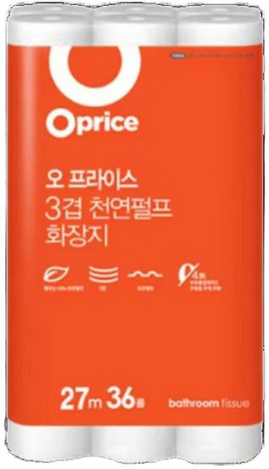 오프라이스 3겹 천연펄프 27M 36롤 6롤 늘어난 화장지 대용량 사무실, 1박스