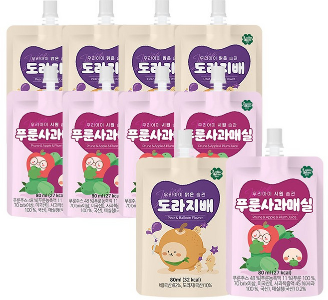 룰루맘 습관주스 혼합 도라지배즙 80ml 5개 + 푸룬사과매실 80ml 5개 (총10개), 10팩, 혼합(도라지배즙,푸룬사과매실)
