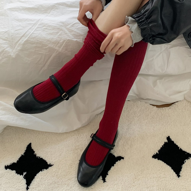 블루씨티 델리 베이직 골지 컬러 무지 니삭스 롱 양말