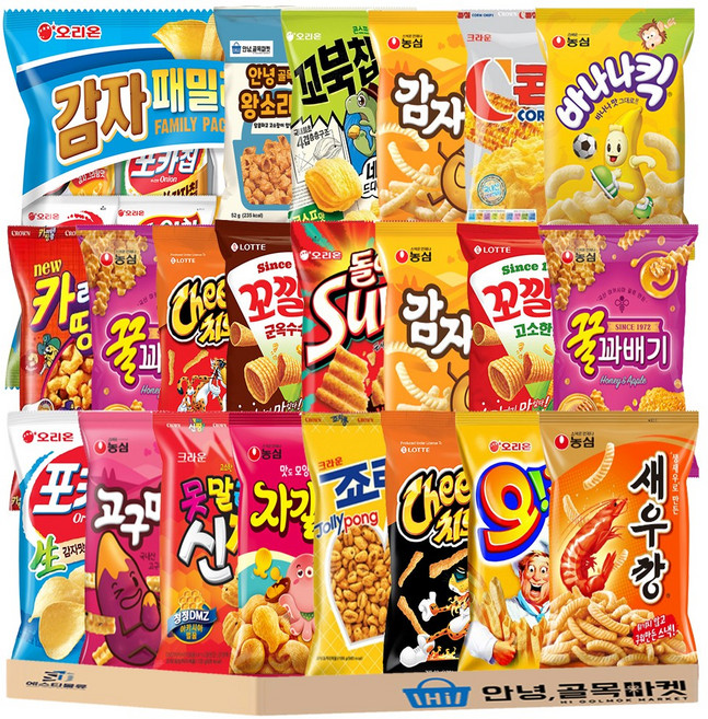 봉지 과자 26종 세트 오리온 최고스낵 4묶음 감자 패밀리팩 인기스낵 꿀바새감 고감자꿀 롯데스낵 4종 크라운 크크스낵 ( 콘칩 죠리퐁 신짱 카레멜콘땅콩 ) 스낵, 1개, 봉지과자 26종