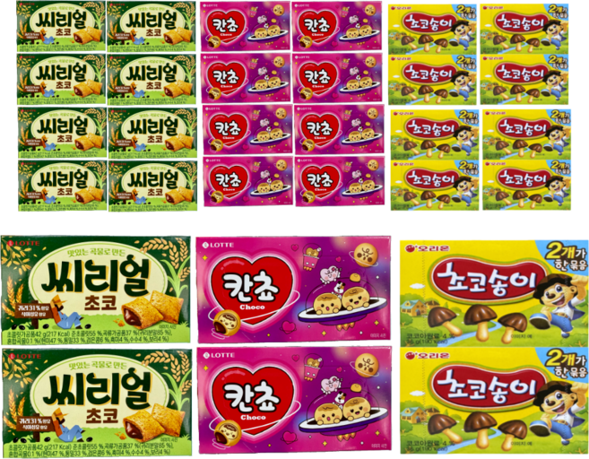 오리온제과 초코송이 72그램 + 롯데제과 칸쵸 108그램 + 롯데제과 씨리얼 초코 84그램 (판매원 주식회사 씨엠몰), 264g, 5세트