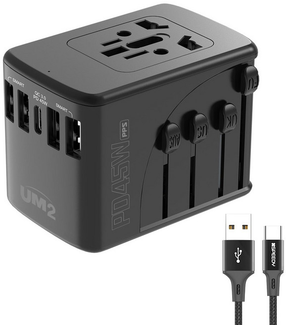 UM2 45W 5포트 C타입 해외 여행용 어댑터 멀티 플러그 UMTC-PD45WPPS + C타입 숏케이블, 1개