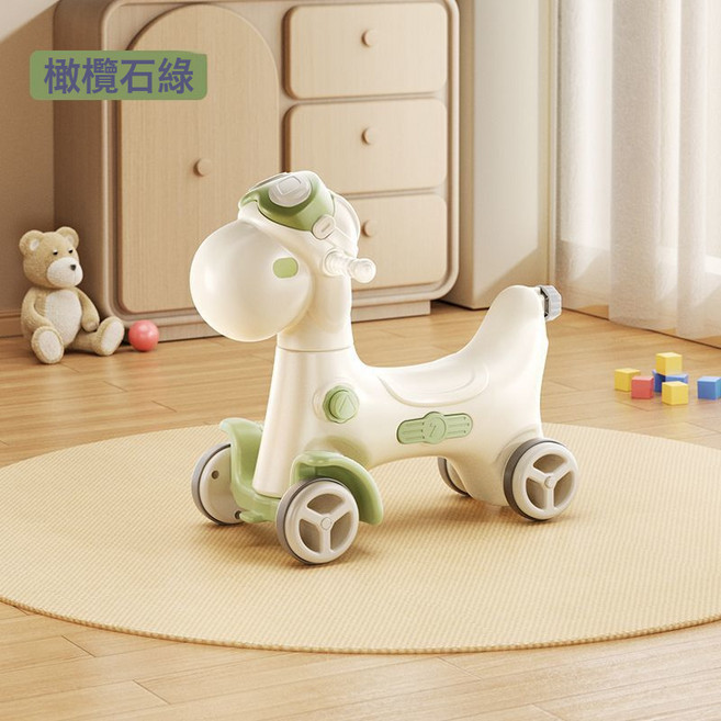 兒童搖搖馬木馬寶寶玩具搖搖車滑行車兩用1-3歲禮物推杆可調高度, 1個, 綠色單滑:如圖