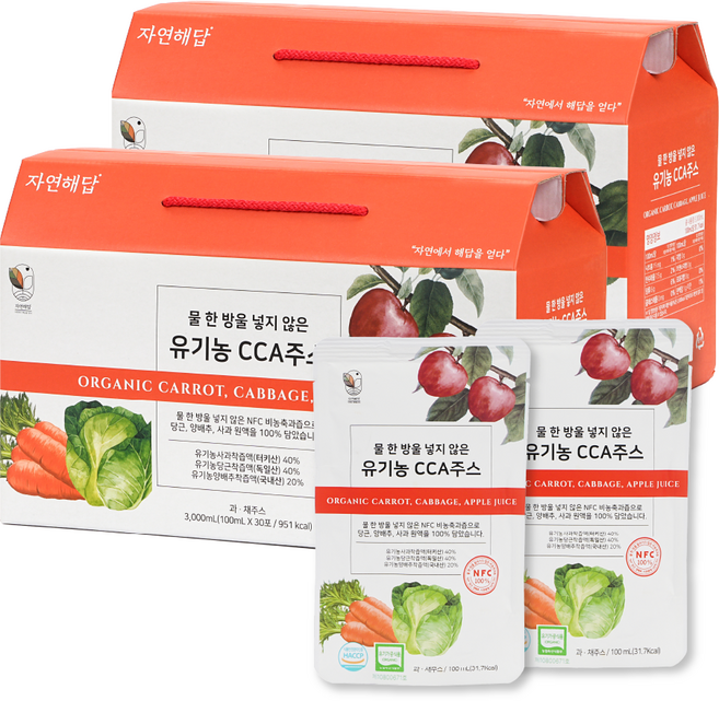 자연해답 유기농 CCA쥬스 양배추 당근 사과 NFC 착즙 원액, 60개, 100ml