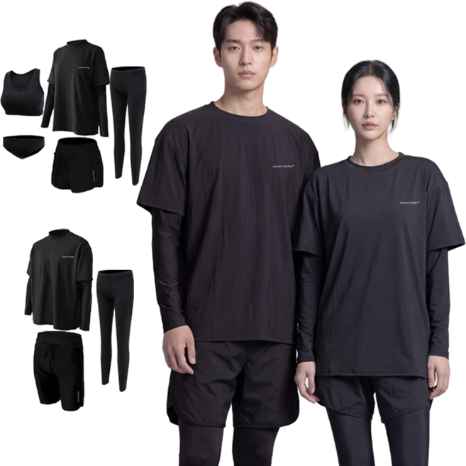 오로라선데이 올블랙 래쉬가드 남녀 루즈핏 빅사이즈 무지 체형커버 비치웨어 남성 3종 여성 5종 세트, 여성(2XL)