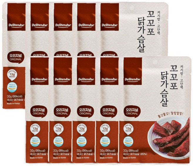 델리텐더 닭가슴살 육포 저칼로리 고단백 저지방 다이어트 간식 30g 오리지널맛, 10개