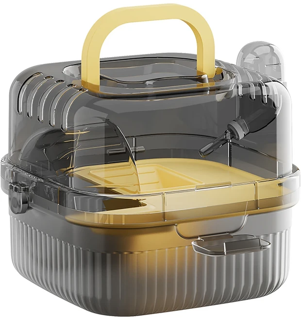 햄스터 야외 휴대 케이지 반투명 햄스터 여행 휴대용 박스 대용량 통기성 친칠라 케이지 물통 포함, 03 Yellow