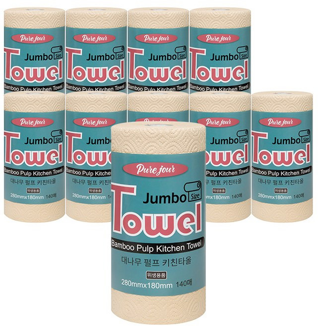 개별포장 3겹 점보사이즈 뱀부 키친타올 140매 x9롤+1롤 100% 대나무펄프, 10개, 140매입