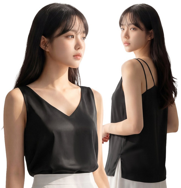 라뷰드 여성 여름 실키 백스트랩 민소매 블라우스 여자 쉬폰 브이넥 나시 바스트 안감 상의 이중 스트랩 옆트임 정장 나시티