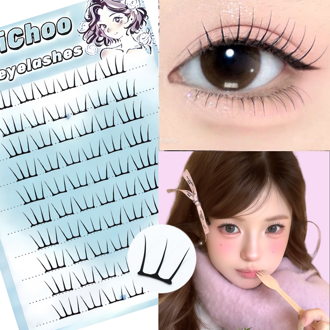 KIKICHOO 초경량 속눈썹 7-10mm 노글루 속눈썹 자연스러운 부분 속눈썹 풀 필요없음속눈썹 60모, 1개, 블랙