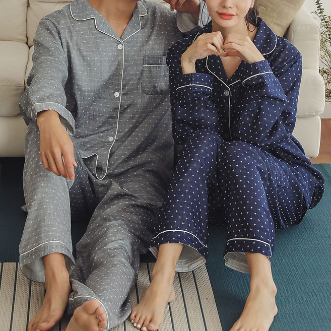 글램공감 커플용 통기성 노바 십자 스티치 이중 요루면 투피스 면 긴팔 잠옷 세트