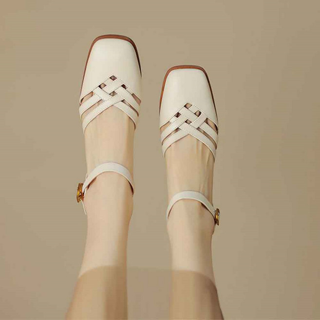 besteffie 통굽힐 여성용 빈티지 스퀘어토 스트랩 버클 가죽 미들힐 여자구두 통굽슈즈 K71