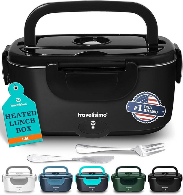TRAVELISIMO 성인용 전기 런치 박스 100W 온열 런치 박스 남성용 1.5L 스테인리스 스틸 휴대용 푸드 워머 여행 및 업무용 12/24/110V Loncheras, 블랙
