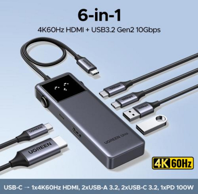 UGREEN USB-C 허브 6-in-1 HDMI 4K60Hz PD100W 10Gbps USB3.2 Gen2 노트북 Macbook Pro Air 확장기 도킹 스테이션용 USB-C, 1개, 01 6-in-1 HDMI 10Gbps