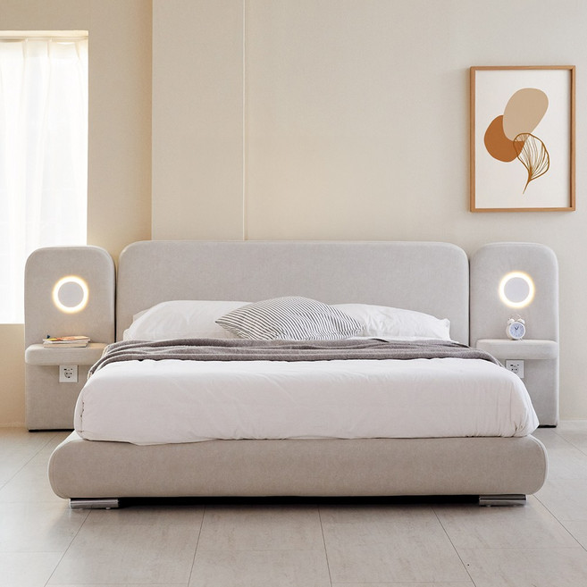 베스트리빙 무드 호텔침대 아쿠아텍스 조야패브릭 Q/K 평상형 침대프레임 (매트별도)+LED 조명 협탁 추가 / 신혼가구/나혼산/편한침대, K, 1개