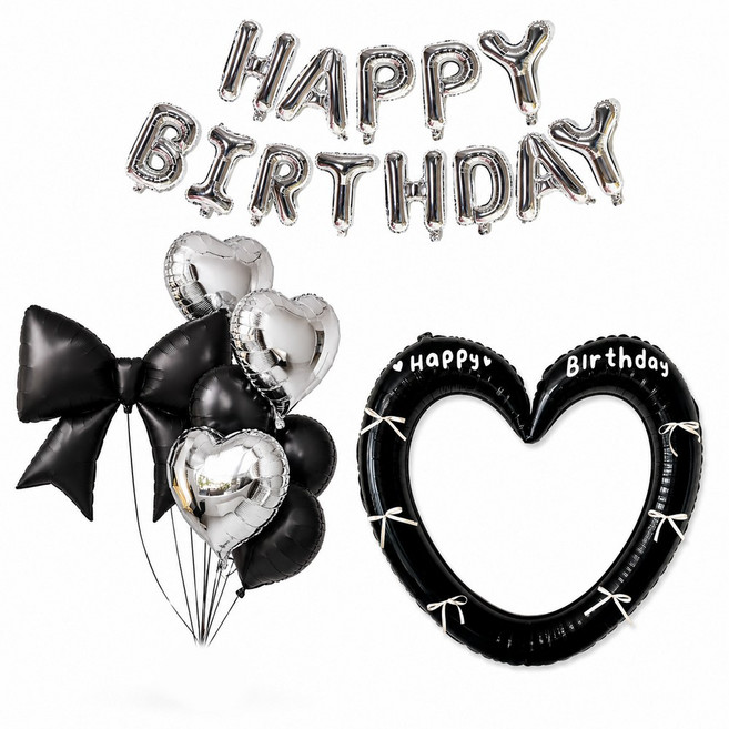 블랙실버 생일파티 장식세트 하트풍선 레터링풍선 리본 홈파티꾸미기, 1세트, 블랙실버생일파티