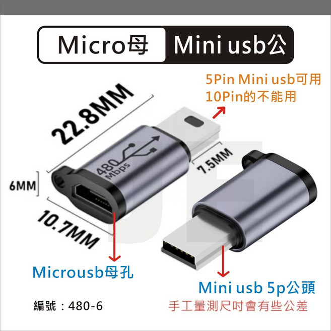 Type c轉mini usb 5p 轉接頭 type-c 轉換頭 數據 傳輸 充電 公轉母 適用 行車記錄器 導航 灰色 480-6, 1個, 灰色-Mini公Micro母-480-6