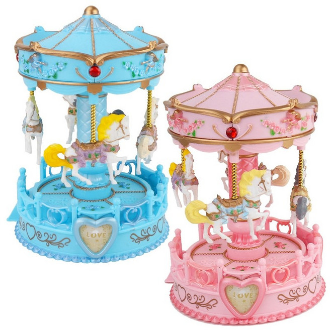 夢幻旋轉木馬音樂盒 鈕扣電池燈光 上鏈音樂盒 創意生日/畢業/情人節/聖誕節交換禮物, 粉色, 粉色
