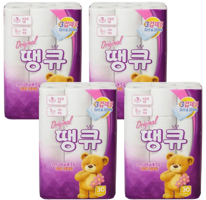 땡큐 3겹30롤x2팩 화장지 천연펄프함유 휴지 x2, 14m, 30개입, 4세트