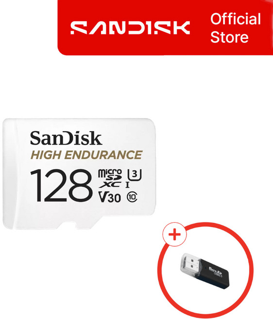 샌디스크 마이크로 SD 메모리카드 HIGH ENDURANCE 블랙박스 홈캠 CCTV 연속녹화 전용 + Micro 리더기 패키지, 1개, 128GB