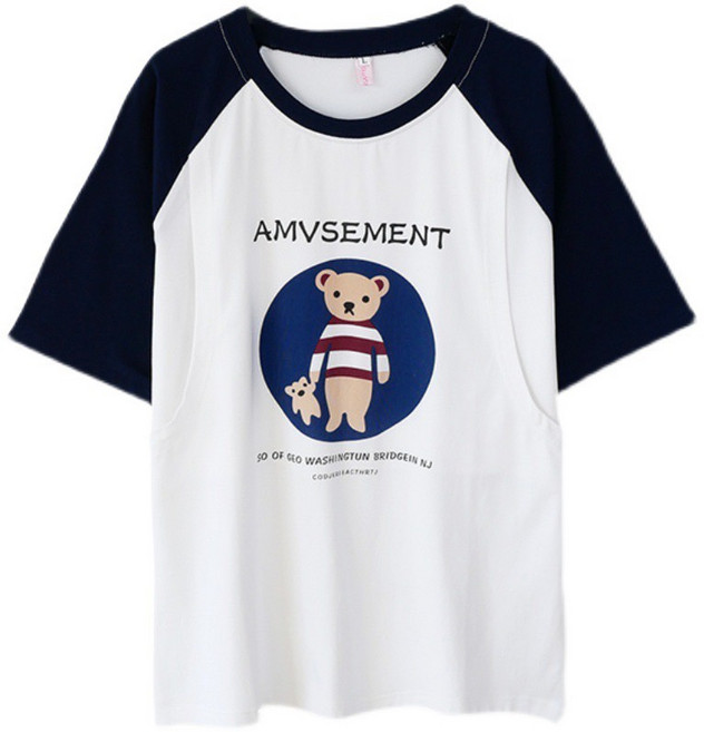 BABYSHARE 哺乳衣 熊娃娃圖案 拼色短袖 上衣 J1S056C3R