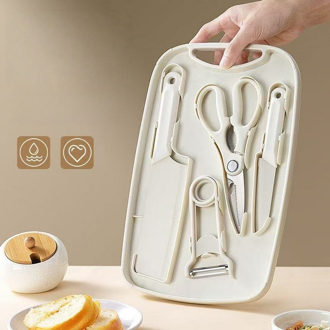 캠핑 휴대용 쿠킹 세트 가정용 미니도마 수납 가능, 1세트, 도마+식칼+과도+가위+껍질제거칼