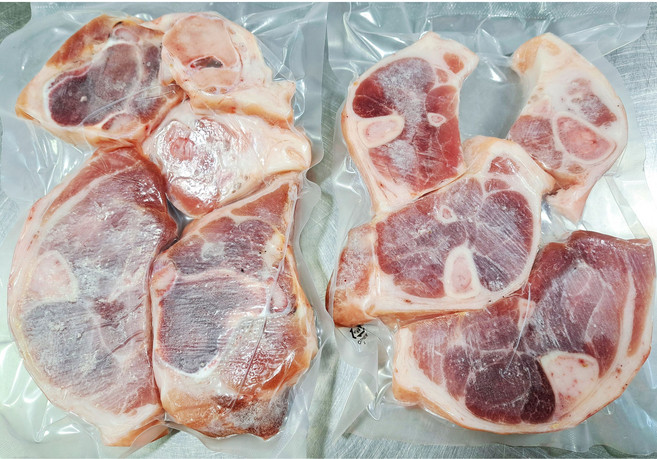 (한마음 미트) 국내산 숯불구이용 족구이 2kg 1kg 캠핑용 가정용 돼지통다리 슬라이스구이 족발 생족 프라이팬용(1cm)(냉동), 1개