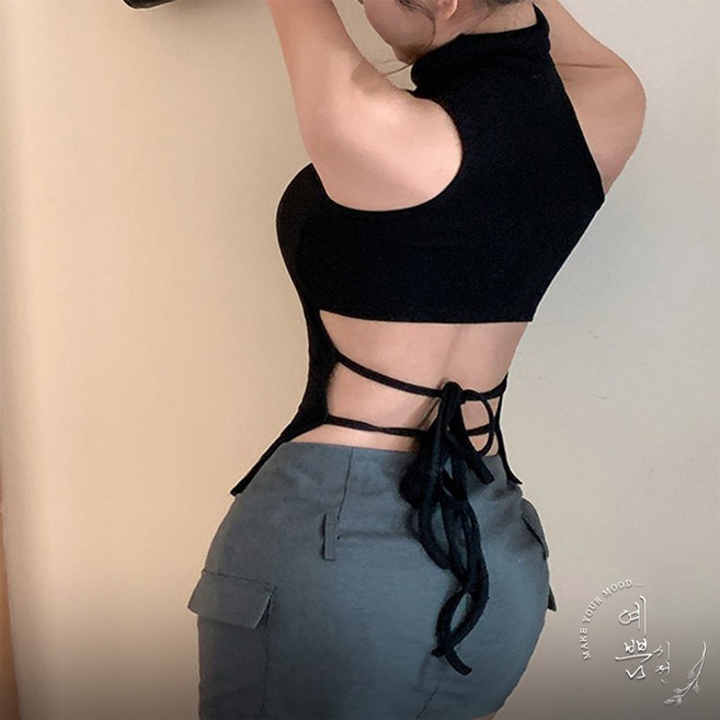 예쁨시전 [캡내장] 반전 백리스 섹시 핫걸 파티룩 하이넥 민소매 나시