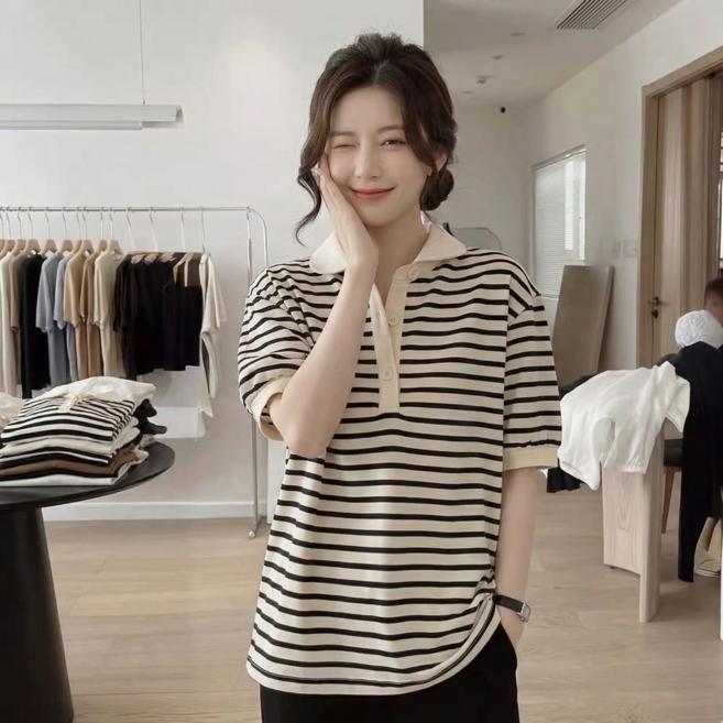 MS HOME 여성 카라 스트라이프 반팔 티셔츠 퍼프